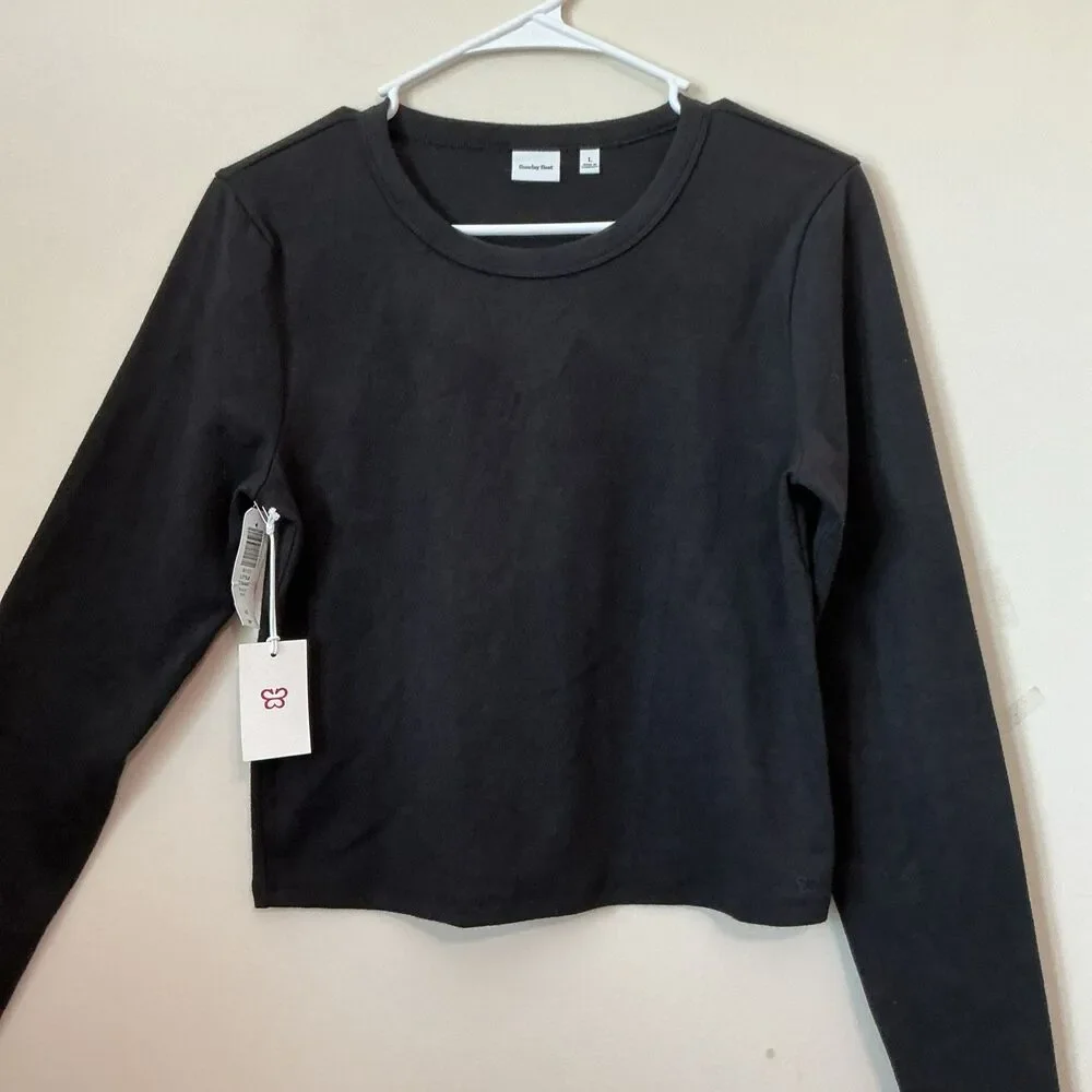 Aritzia Sunday Best Black Cropped Long Sleeve Large Round Neck Top NWT lagenlook